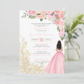 ピンクの金ゴールドエレガントフローラドレかわいらしスキンセアニラ 招待状 (スタンド正面)