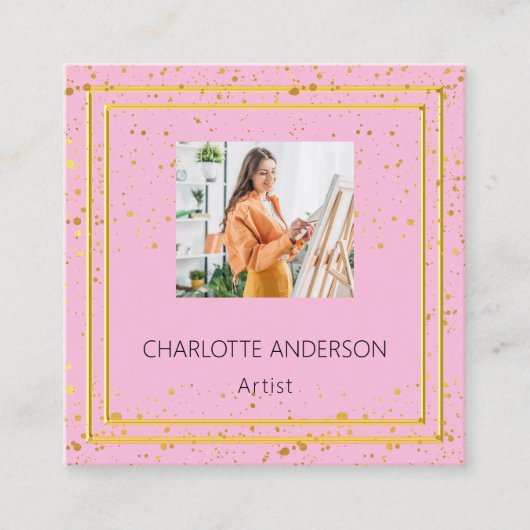 ピンクの金ゴールドエレガント写真QRコード スクエア名刺 (正面)