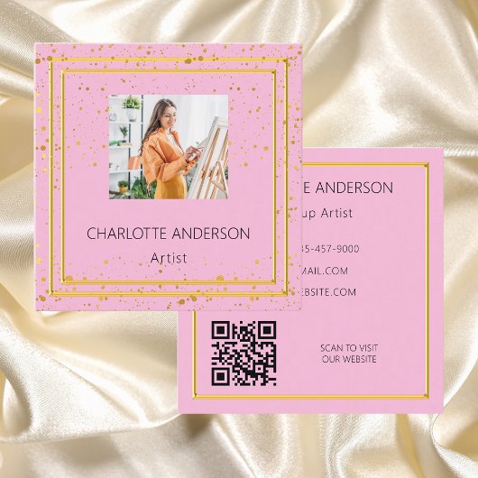 ピンクの金ゴールドエレガント写真QRコード スクエア名刺