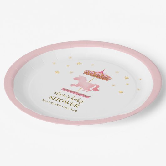 ピンクの金ゴールドエレガント回転木馬カーニバルベビーシャワー ペーパープレート (アングル)