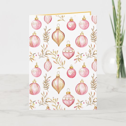 ピンクの金ゴールドオーナメントクリスマスヴィンテージホリデーカード シーズンカード (正面)