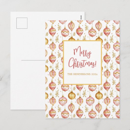 ピンクの金ゴールドオーナメントビンテージクリスマス シーズンポストカード (正面/裏面)