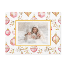 ピンクの金ゴールドオーナメントフォトクリスマスポストカード