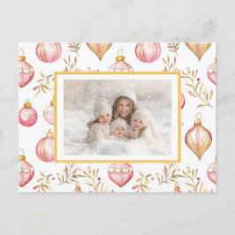 ピンクの金ゴールドオーナメントフォトクリスマスポストカード シーズンポストカード
