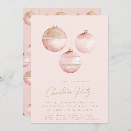 ピンクの金ゴールドオーナメントミニマリストのクリスマスパーティー 招待状 (正面/裏面)