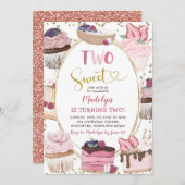 ピンクの金ゴールドカップケーキツースウィート2nd誕生日招待状 招待状 (正面/裏面)