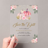 ピンクの金ゴールドカボチャフローラ結婚式の日付を保存 アクリル招待状 (インサイチュ (ポータブル))