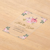 ピンクの金ゴールドカボチャフローラ結婚式の日付を保存 アクリル招待状 (レイダウン)