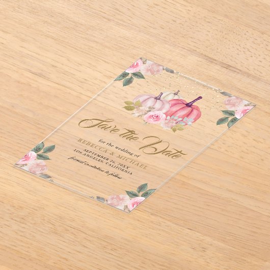 ピンクの金ゴールドカボチャフローラ結婚式の日付を保存 アクリル招待状 (レイダウン)