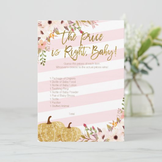 ピンクの金ゴールドカボチャ赤ちゃんシャワー価格を推測 招待状 (スタンド正面)