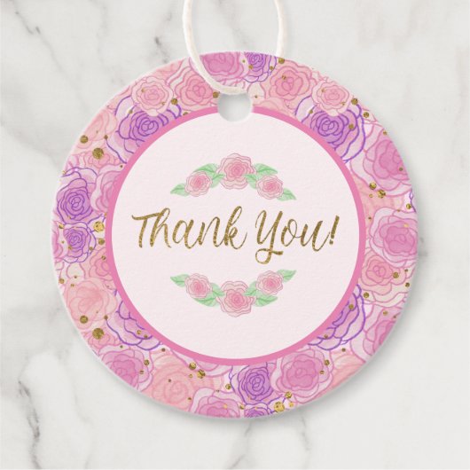 ピンクの金ゴールドガーリーバラ赤ちゃんシャワーありがとう フェイバータグ (正面)