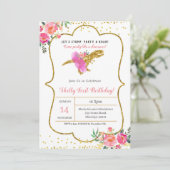 ピンクの金ゴールドガール恐竜誕生日招待状 招待状 (スタンド正面)