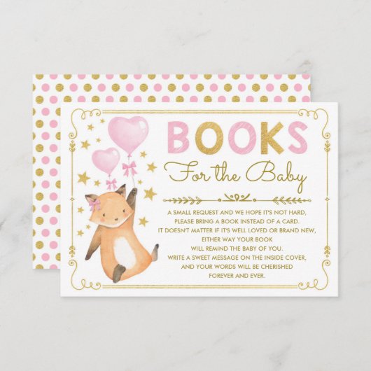 ピンクの金ゴールドキツネベビーガールシャワーがブックカードを持ってくる エンクロージャーカード (正面/裏面)