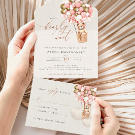 ピンクの金ゴールドクマのバルーン赤ちゃんシャワー女の子 オールインワン招待状