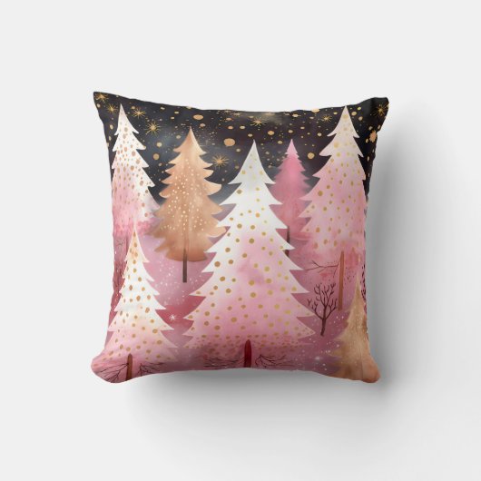 ピンクの金ゴールドクリスマスツリースノーフレーク夜空 クッション (正面)