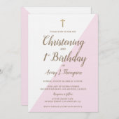 ピンクの金ゴールドクロス《キリスト教》洗礼式や命名式1st誕生日の組み合わせ 招待状 (正面/裏面)