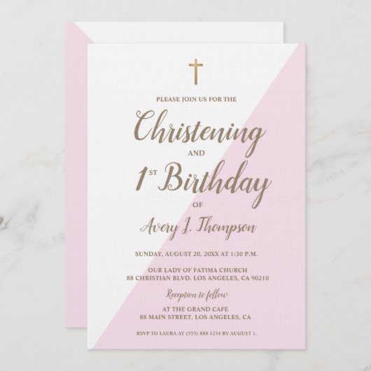 ピンクの金ゴールドクロス《キリスト教》洗礼式や命名式1st誕生日の組み合わせ 招待状 (正面/裏面)