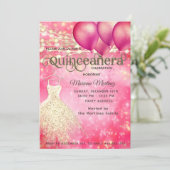 ピンクの金ゴールドクールグリッターストリングライトバルーン 招待状 (スタンド正面)