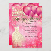ピンクの金ゴールドクールグリッターストリングライトバルーン 招待状 (正面/裏面)