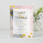 ピンクの金ゴールドグモダンレー抽象芸術ウォーター結婚カラー 招待状 (スタンド正面)