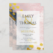 ピンクの金ゴールドグモダンレー抽象芸術ウォーター結婚カラー 招待状 (正面/裏面)