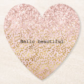 ピンクの金ゴールドグラデーションヒョウ印刷赤面グリッター ペーパーコースター (正面)