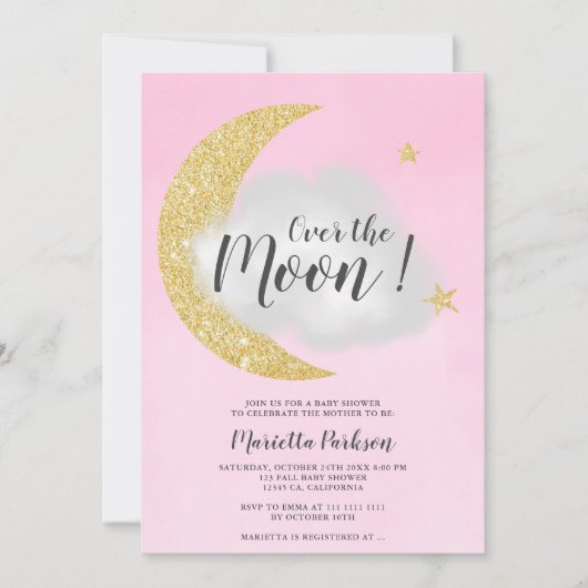 ピンクの金ゴールドグリッターが月の星のベビーシャワーの上 招待状 (正面)