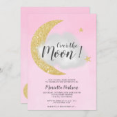 ピンクの金ゴールドグリッターが月の星のベビーシャワーの上 招待状 (正面/裏面)