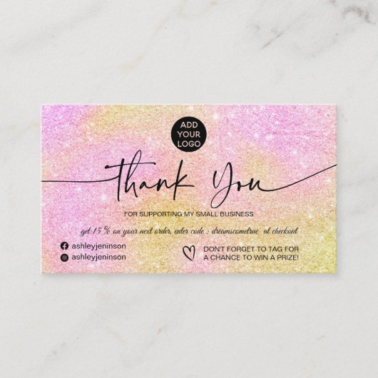 ピンクの金ゴールドグリッターのロ感謝していゴの順序 名刺 (正面)