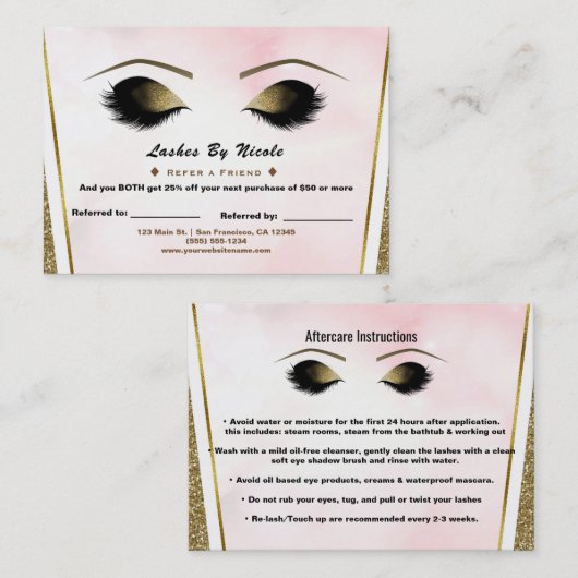 ピンクの金ゴールドグリッターまばたきが友人アフターケアを参照 紹介カード (正面/裏面)