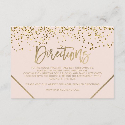 ピンクの金ゴールドグリッターストライプの指示ベビーシャワー エンクロージャーカード (正面)