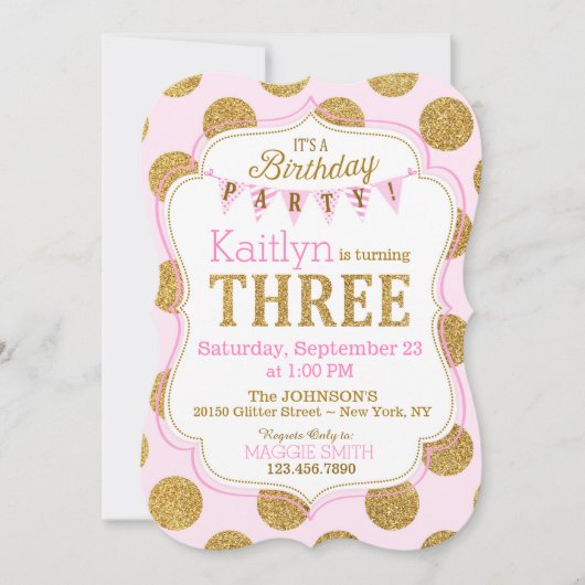 ピンクの金ゴールドグリッタースパークルサード誕生日招待状 招待状 (正面)