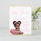 ピンクの金ゴールドグリッタートゥチュアフリカンガールベビーシャワー 招待状 (スタンド正面)