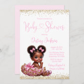 ピンクの金ゴールドグリッタートゥチュアフリカンガールベビーシャワー 招待状 (正面/裏面)