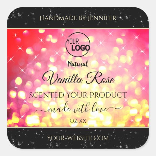 ピンクの金ゴールドグリッターロゴ製品の包装ラベルを追加 スクエアシール (正面)