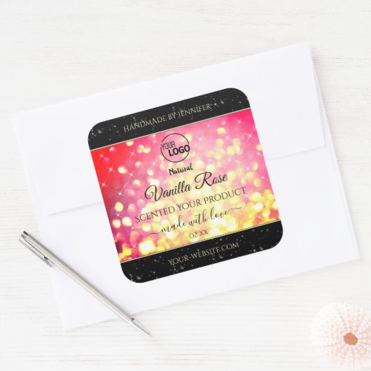 ピンクの金ゴールドグリッターロゴ製品の包装ラベルを追加 スクエアシール (封筒)
