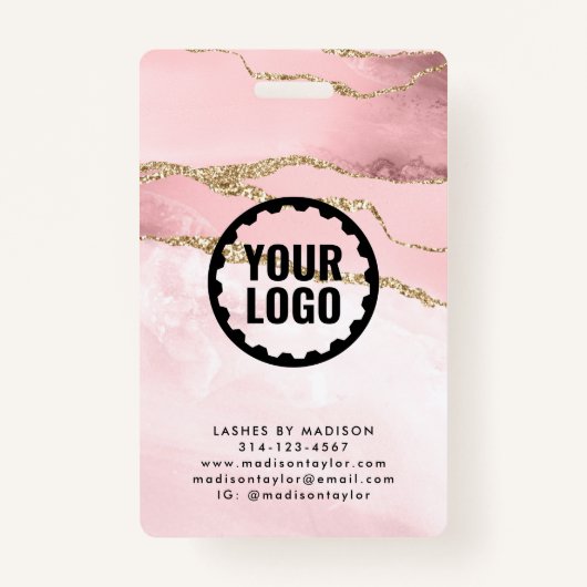 ピンクの金ゴールドグリッター大理石AgateロゴビジネスID バッジ (裏面)