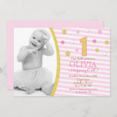 ピンクの金ゴールドグリッター最初の誕生日招待状 招待状 (正面/裏面)