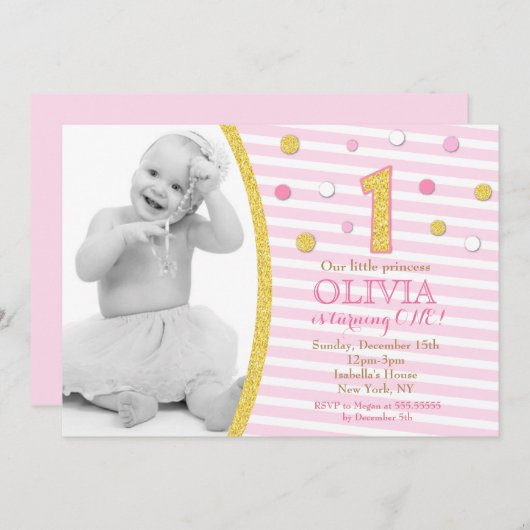 ピンクの金ゴールドグリッター最初の誕生日招待状 招待状 (正面/裏面)