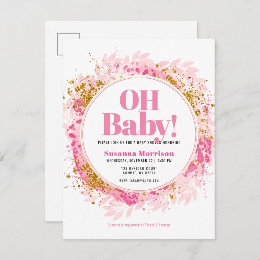 ピンクの金ゴールドグリッター水の色ベビーガールシャワー インビテーションポストカード (正面/裏面)