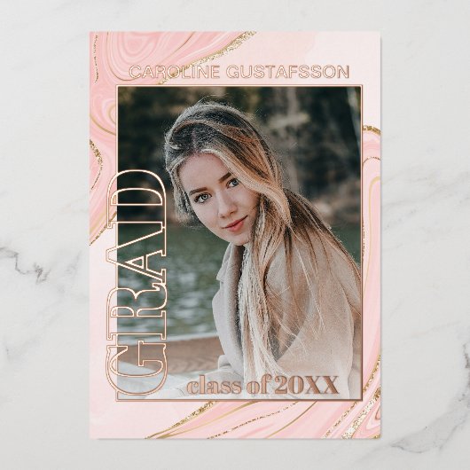 ピンクの金ゴールドグリッター箔の卒業発表 箔招待状 (正面)
