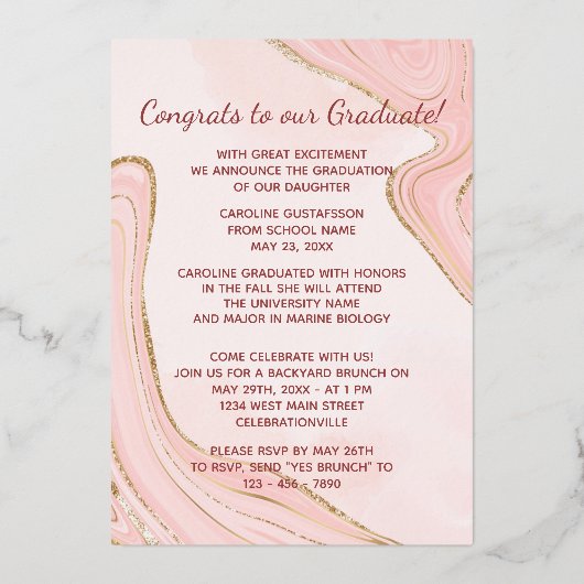 ピンクの金ゴールドグリッター箔の卒業発表 箔招待状 (裏面)