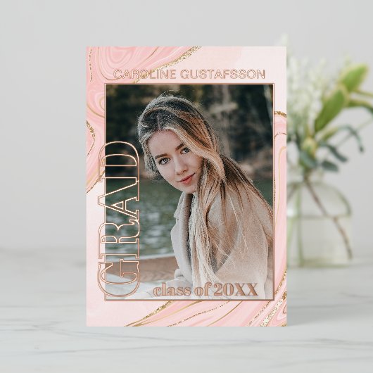 ピンクの金ゴールドグリッター箔の卒業発表 箔招待状 (立ち正面)