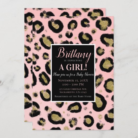 ピンクの金ゴールドグリッター&ブラックヒョウ赤ちゃんシャワー 招待状 (正面/裏面)
