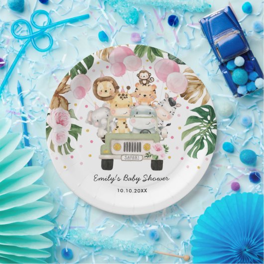 ピンクの金ゴールドサファリジャングルアニマルズグリーンベビーガール ペーパープレート (パーティー)