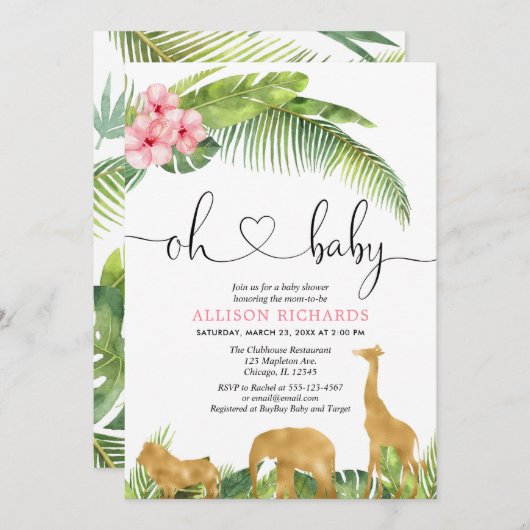 ピンクの金ゴールドサファリジャングルガールベビーシャワー 招待状 (正面/裏面)