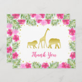 ピンクの金ゴールドサファリ動物のフローラ赤ちゃんシャワー サンキューカード (正面/裏面)