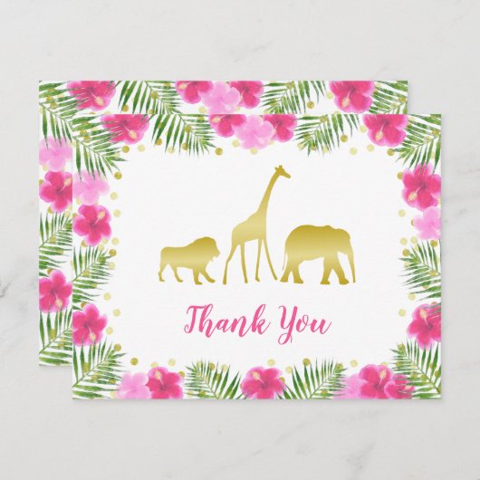 ピンクの金ゴールドサファリ動物のフローラ赤ちゃんシャワー サンキューカード (正面/裏面)