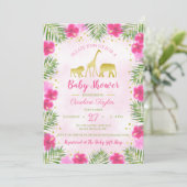 ピンクの金ゴールドサファリ動物のフローラ赤ちゃんシャワー 招待状 (スタンド正面)