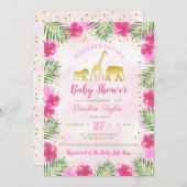 ピンクの金ゴールドサファリ動物のフローラ赤ちゃんシャワー 招待状 (正面/裏面)